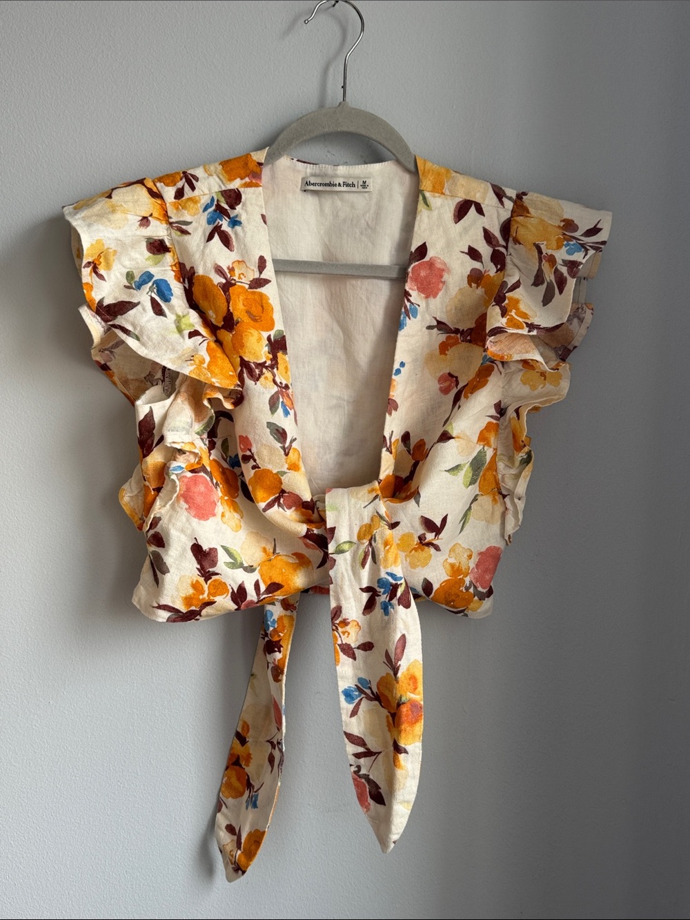 Abercrombie & Fitch Floral Tie-Front Ruffle Crop Top in Cream, Yellow and Coral